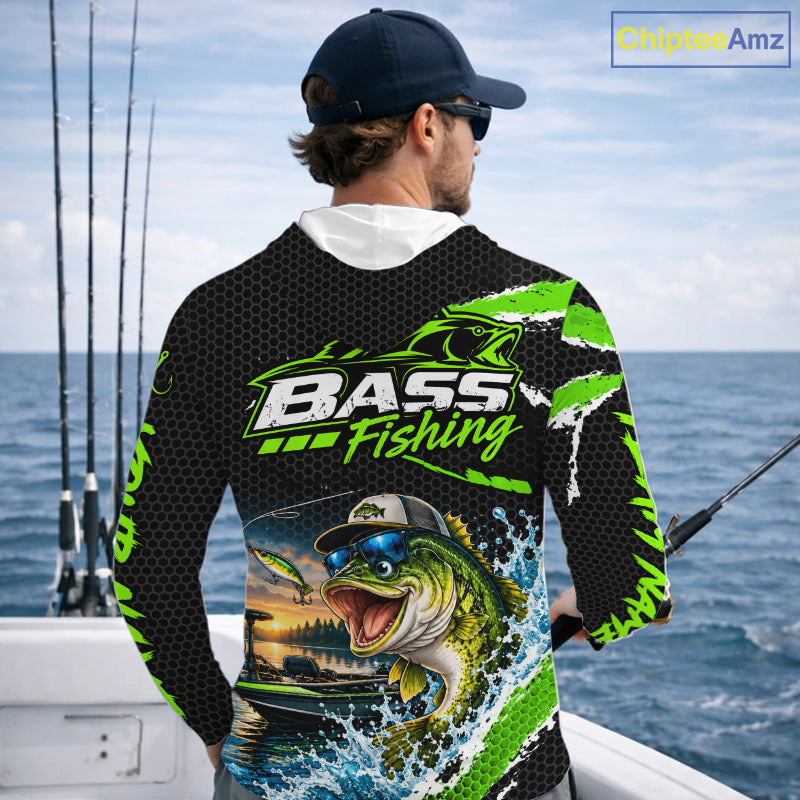 Personalized Green Funny Bass Fishing Sport Jerseys, Bass Fishing Long Sleeve Hooded Tournament Shirts NBT1157