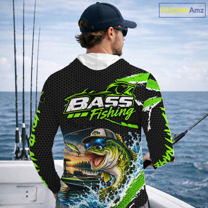 Personalized Green Funny Bass Fishing Sport Jerseys, Bass Fishing Long Sleeve Hooded Tournament Shirts NBT1157
