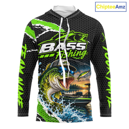Personalized Green Funny Bass Fishing Sport Jerseys, Bass Fishing Long Sleeve Hooded Tournament Shirts NBT1157