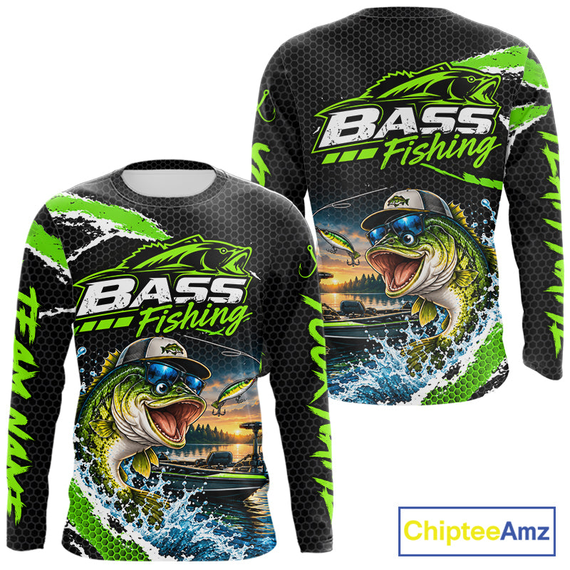 Personalized Green Funny Bass Fishing Sport Jerseys, Bass Fishing Long Sleeve Tournament Shirts NBT1157