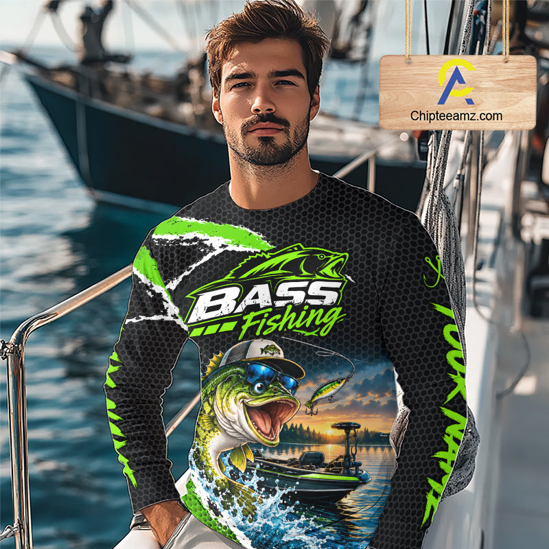 Personalized Green Funny Bass Fishing Sport Jerseys, Bass Fishing Long Sleeve Tournament Shirts NBT1157
