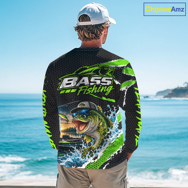 Personalized Green Funny Bass Fishing Sport Jerseys, Bass Fishing Long Sleeve Tournament Shirts NBT1157