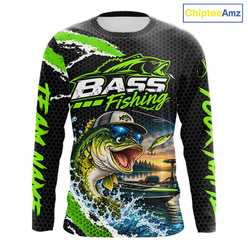 Personalized Green Funny Bass Fishing Sport Jerseys, Bass Fishing Long Sleeve Tournament Shirts NBT1157