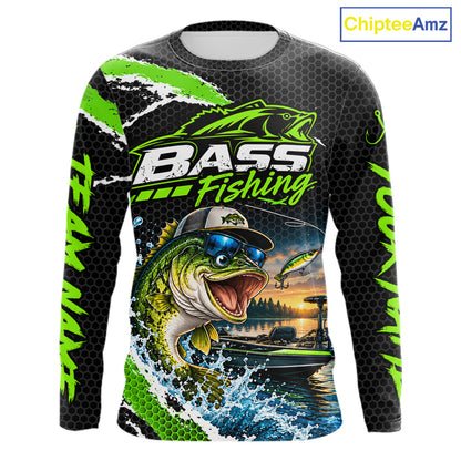 Personalized Green Funny Bass Fishing Sport Jerseys, Bass Fishing Long Sleeve Tournament Shirts NBT1157