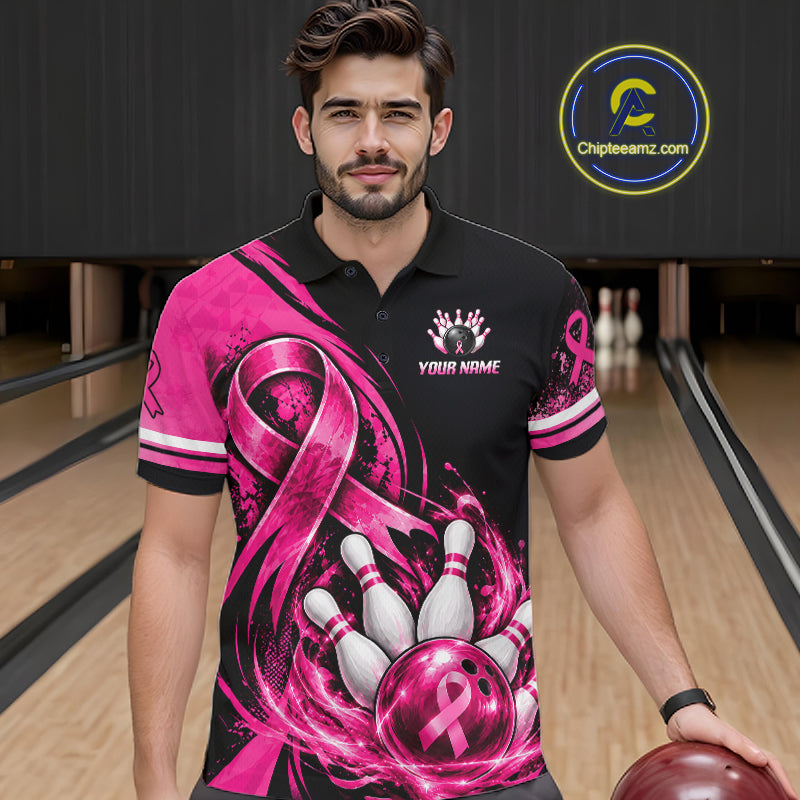 Custom Breast Cancer Pink Ribbon Bowling Shirts For Men Polo Quarter Zip Shirt, Team Bowler Outfit NBT1161