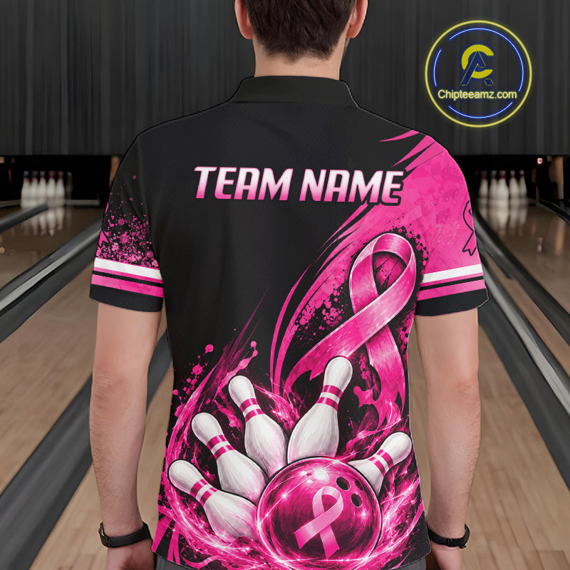 Custom Breast Cancer Pink Ribbon Bowling Shirts For Men Polo Quarter Zip Shirt, Team Bowler Outfit NBT1161