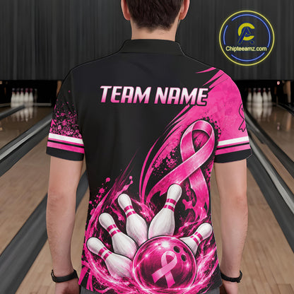 Custom Breast Cancer Pink Ribbon Bowling Shirts For Men Polo Quarter Zip Shirt, Team Bowler Outfit NBT1161