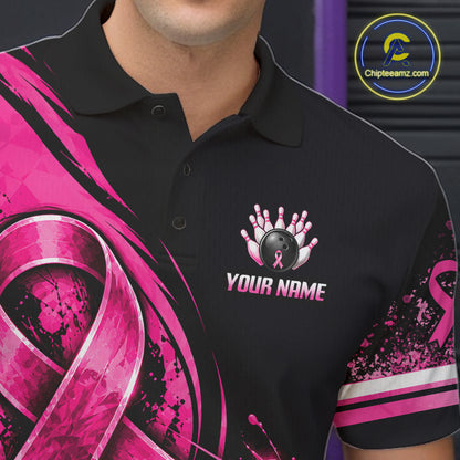 Custom Breast Cancer Pink Ribbon Bowling Shirts For Men Polo Quarter Zip Shirt, Team Bowler Outfit NBT1161