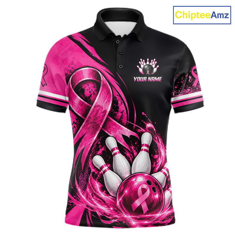 Custom Breast Cancer Pink Ribbon Bowling Shirts For Men Polo Quarter Zip Shirt, Team Bowler Outfit NBT1161