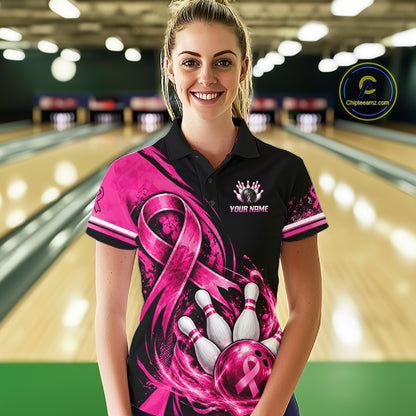 Custom Breast Cancer Pink Ribbon Bowling Shirts For Women Polo Quarter Zip Shirt, Team Bowler Outfit NBT1161