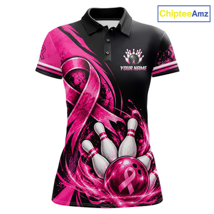 Custom Breast Cancer Pink Ribbon Bowling Shirts For Women Polo Quarter Zip Shirt, Team Bowler Outfit NBT1161