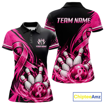 Custom Breast Cancer Pink Ribbon Bowling Shirts For Women Polo Quarter Zip Shirt, Team Bowler Outfit NBT1161