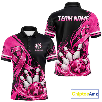 Custom Breast Cancer Pink Ribbon Bowling Shirts For Men Polo Quarter Zip Shirt, Team Bowler Outfit NBT1161