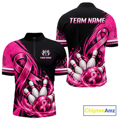 Custom Breast Cancer Pink Ribbon Bowling Shirts For Men Polo Quarter Zip Shirt, Team Bowler Outfit NBT1161