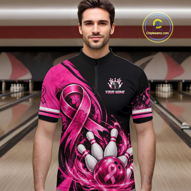 Custom Breast Cancer Pink Ribbon Bowling Shirts For Men Polo Quarter Zip Shirt, Team Bowler Outfit NBT1161