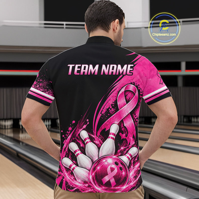 Custom Breast Cancer Pink Ribbon Bowling Shirts For Men Polo Quarter Zip Shirt, Team Bowler Outfit NBT1161