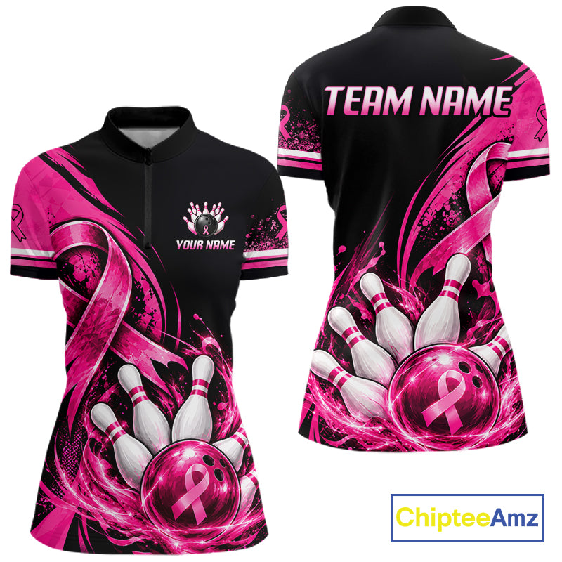 Custom Breast Cancer Pink Ribbon Bowling Shirts For Women Polo Quarter Zip Shirt, Team Bowler Outfit NBT1161