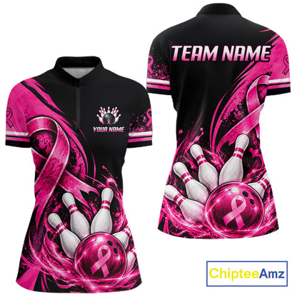 Custom Breast Cancer Pink Ribbon Bowling Shirts For Women Polo Quarter Zip Shirt, Team Bowler Outfit NBT1161