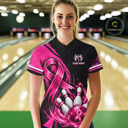 Custom Breast Cancer Pink Ribbon Bowling Shirts For Women Polo Quarter Zip Shirt, Team Bowler Outfit NBT1161