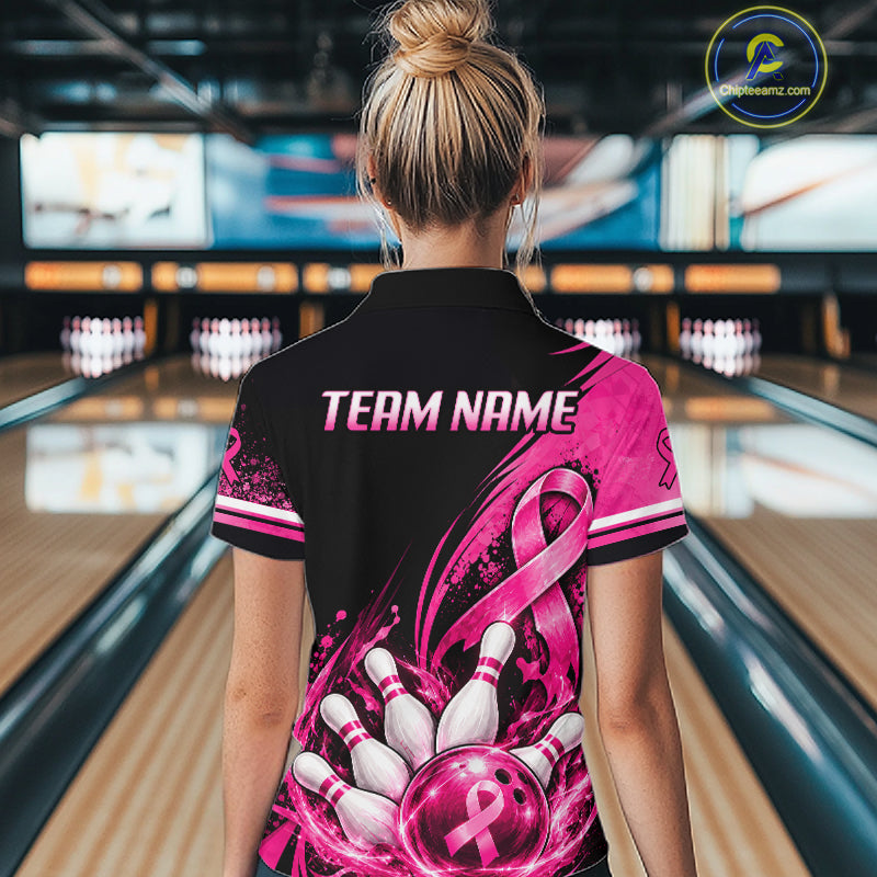 Custom Breast Cancer Pink Ribbon Bowling Shirts For Women Polo Quarter Zip Shirt, Team Bowler Outfit NBT1161