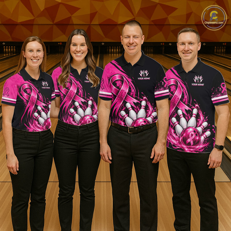 Custom Breast Cancer Pink Ribbon Bowling Shirts For Men Polo Quarter Zip Shirt, Team Bowler Outfit NBT1161