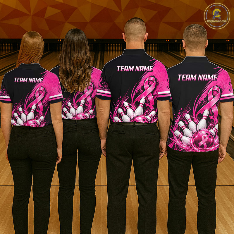 Custom Breast Cancer Pink Ribbon Bowling Shirts For Men Polo Quarter Zip Shirt, Team Bowler Outfit NBT1161