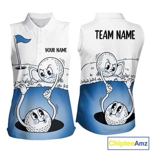 Blue Funny Sleeveless Golf Rescue Team Polo Shirt Custom Name, Golf Ball Cartoon Polo, White Golf Shirt NBT599