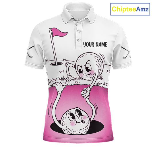 Pink Funny Golf Rescue Team Polo Shirt Custom Name, Golf Ball Cartoon Polo, White Golf Shirt NBT600