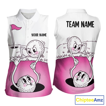 Pink Funny Sleeveless Golf Rescue Team Polo Shirt Custom Name, Golf Ball Cartoon Polo, White Golf Shirt NBT600