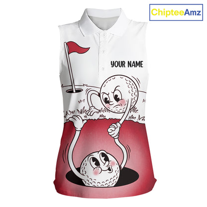 Red Funny Sleeveless Golf Rescue Team Polo Shirt Custom Name, Golf Ball Cartoon Polo, White Golf Shirt NBT601