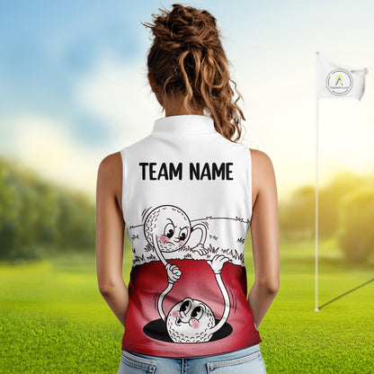Red Funny Sleeveless Golf Rescue Team Polo Shirt Custom Name, Golf Ball Cartoon Polo, White Golf Shirt NBT601