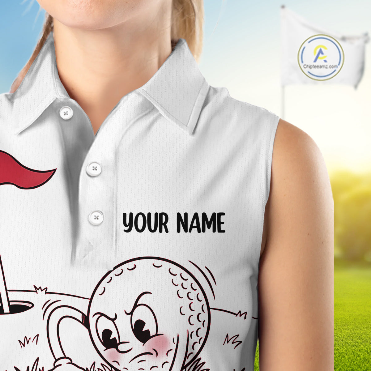 Red Funny Sleeveless Golf Rescue Team Polo Shirt Custom Name, Golf Ball Cartoon Polo, White Golf Shirt NBT601