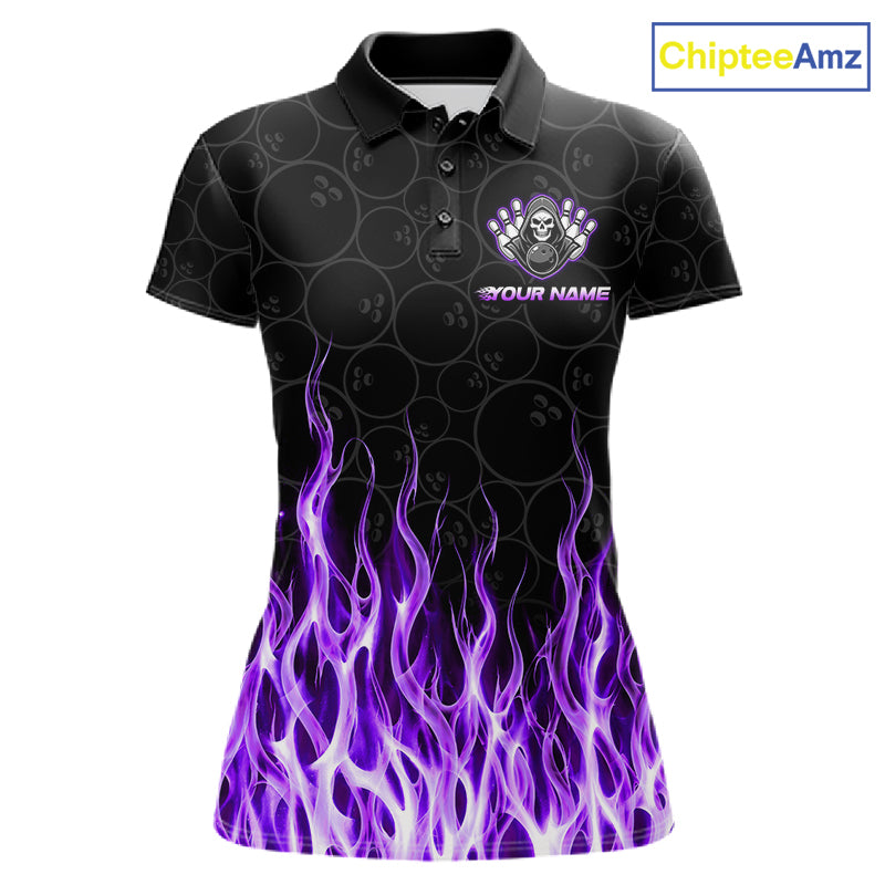 Custom Purple Fire Flame Grim Reaper Skull Bowling Women polo & 1/4 Quarter Zip Shirt, Halloween Outfit NBT900