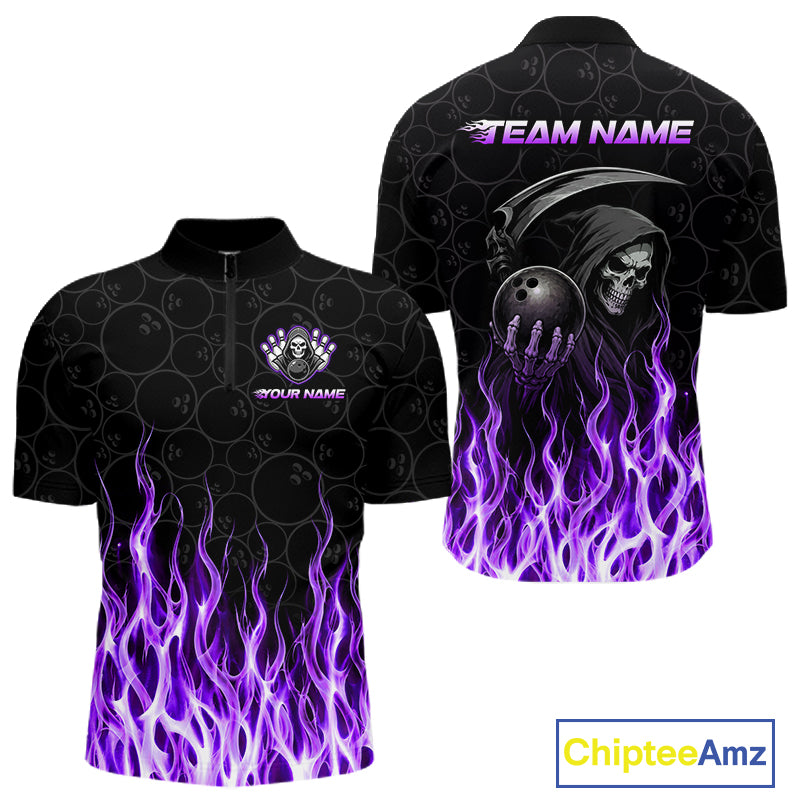 Custom Purple Fire Flame Grim Reaper Skull Bowling Menpolo & 1/4 Quarter Zip Shirt, Halloween Outfit NBT900