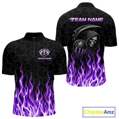Custom Purple Fire Flame Grim Reaper Skull Bowling Menpolo & 1/4 Quarter Zip Shirt, Halloween Outfit NBT900
