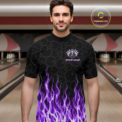 Custom Purple Fire Flame Grim Reaper Skull Bowling Menpolo & 1/4 Quarter Zip Shirt, Halloween Outfit NBT900