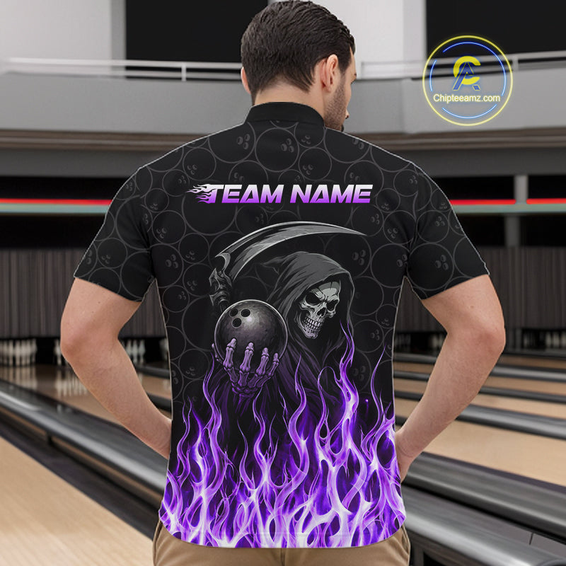 Custom Purple Fire Flame Grim Reaper Skull Bowling Menpolo & 1/4 Quarter Zip Shirt, Halloween Outfit NBT900