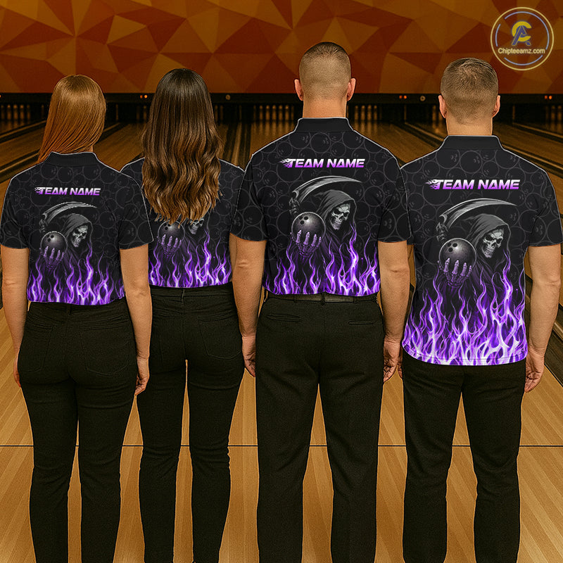 Custom Purple Fire Flame Grim Reaper Skull Bowling Menpolo & 1/4 Quarter Zip Shirt, Halloween Outfit NBT900