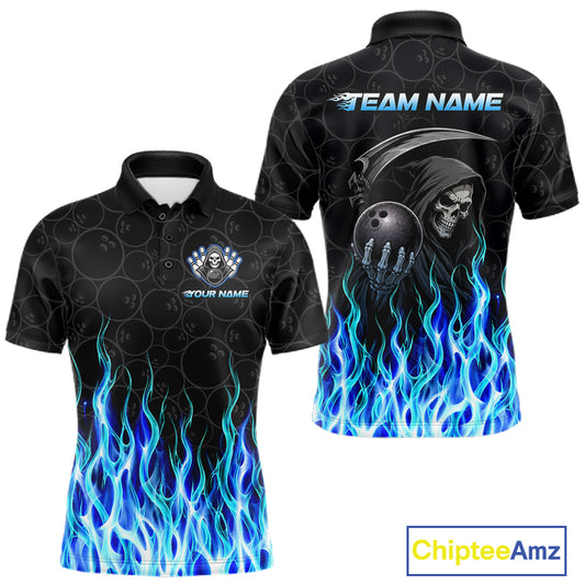 Custom Blue Fire Flame Grim Reaper Skull Bowling Menpolo & 1/4 Quarter Zip Shirt, Halloween Outfit NBT901