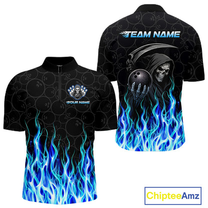 Custom Blue Fire Flame Grim Reaper Skull Bowling Menpolo & 1/4 Quarter Zip Shirt, Halloween Outfit NBT901