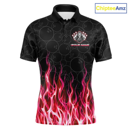 Custom Red Fire Flame Grim Reaper Skull Bowling Menpolo & 1/4 Quarter Zip Shirt, Halloween Outfit NBT902