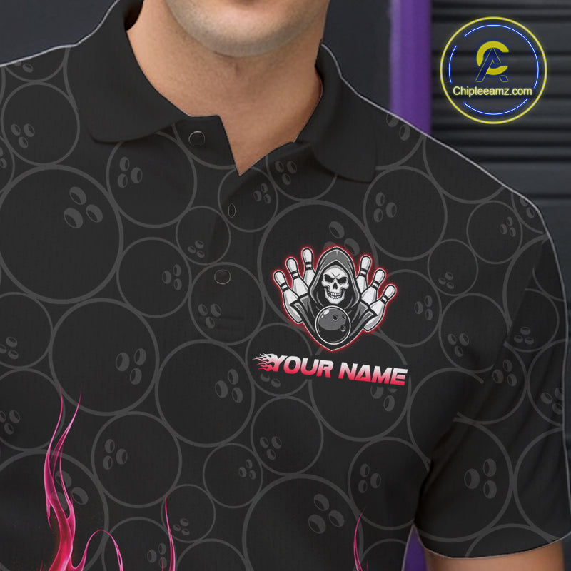 Custom Red Fire Flame Grim Reaper Skull Bowling Menpolo & 1/4 Quarter Zip Shirt, Halloween Outfit NBT902
