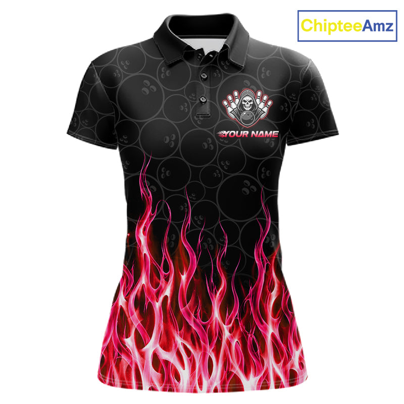 Custom Red Fire Flame Grim Reaper Skull Bowling Women polo & 1/4 Quarter Zip Shirt, Halloween Outfit NBT902