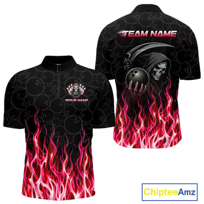 Custom Red Fire Flame Grim Reaper Skull Bowling Menpolo & 1/4 Quarter Zip Shirt, Halloween Outfit NBT902