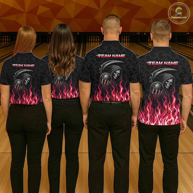 Custom Red Fire Flame Grim Reaper Skull Bowling Women polo & 1/4 Quarter Zip Shirt, Halloween Outfit NBT902