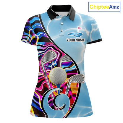 Womens Golf Polo Shirt Holographic Marble Golf Pattern For Team, Golf Attire For Women|Blue NBT724