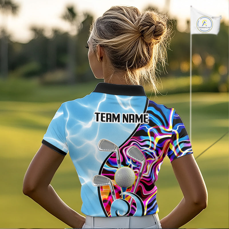Womens Golf Polo Shirt Holographic Marble Golf Pattern For Team, Golf Attire For Women|Blue NBT724