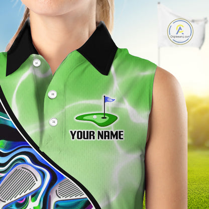 Womens Sleeveless Golf Polo Shirt Holographic Marble Golf Pattern For Team, Golf Attire For Women|Green NBT725