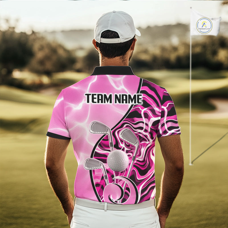 Mens Golf Polo Shirt Holographic Marble Golf Pattern For Team, Golf Attire For Men|Pink NBT726