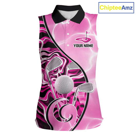Womens Sleeveless Golf Polo Shirt Holographic Marble Golf Pattern For Team, Golf Attire For Women|Pink NBT726